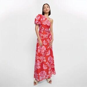 KIVARI Olina One Shoulder Linen Maxi Dress Floral Red Pink Size 8 NWT